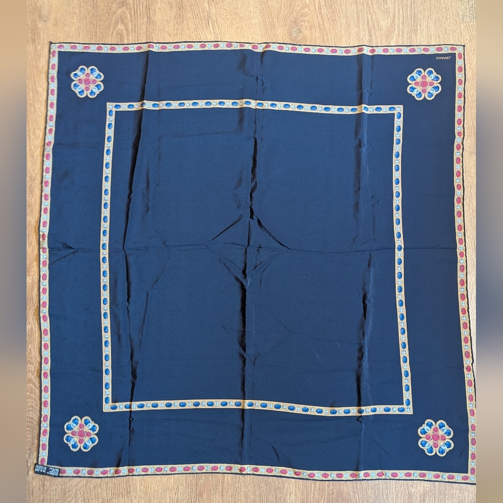 CHANEL Gripoix Scarf Silk Crepe Rare Vintage 32" With COA Navy Blue EUC